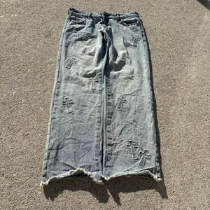 Austin‎ Landing Y2K Cross Patch Distressed Jeans - Light Wash Straight Leg - 33